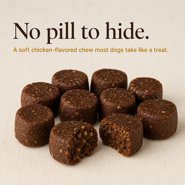 Close-up of a cluster of round brown soft chews arranged on a light beige surface.