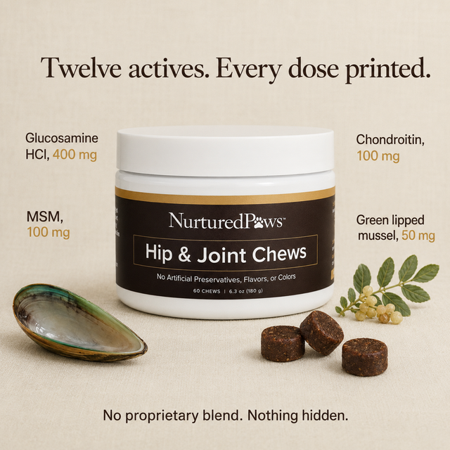 Light-background graphic showing a tub of the chews with callout labels around it, alongside a green lipped mussel shell, a boswellia sprig, and several loose chews.