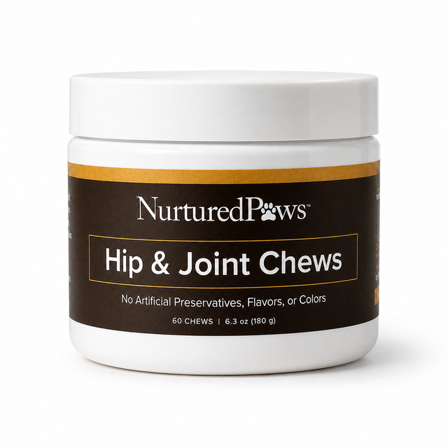 White tub of Nurtured Paws Hip and Joint Chews with a brown and gold label on a plain white background
