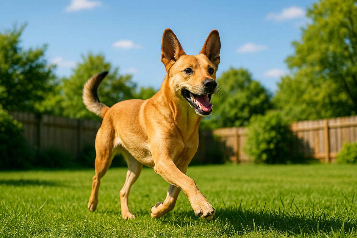 Happy healthy dog running energetically across a sunny green backyard