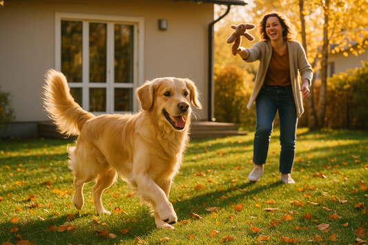 A happy Golden Retriever playing in an autumn backyard with its owner