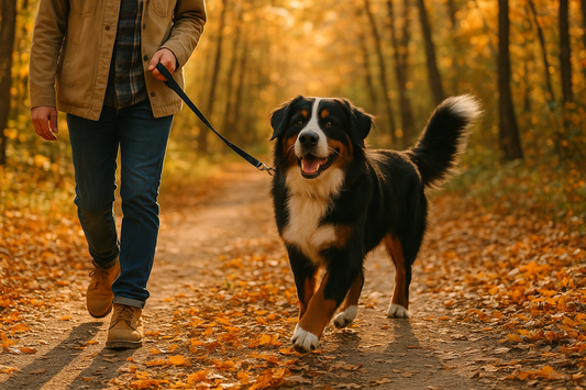 A happy Bernese Mountain Dog trotting on leash beside its owner along a sunlit autumn forest trail