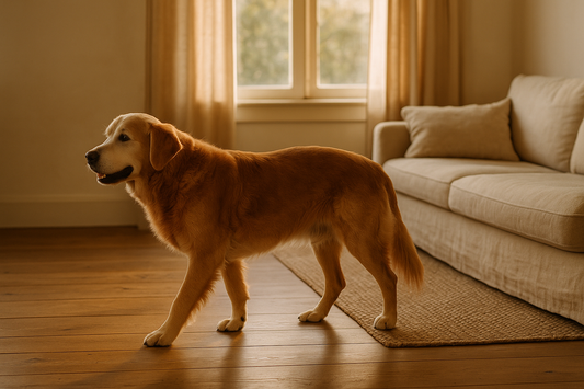 Lean senior golden retriever walking steadily across a sunlit wooden floor in a warm living room