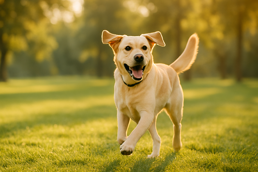 A happy Labrador Retriever trotting briskly across a sunlit park with ears up and tail wagging