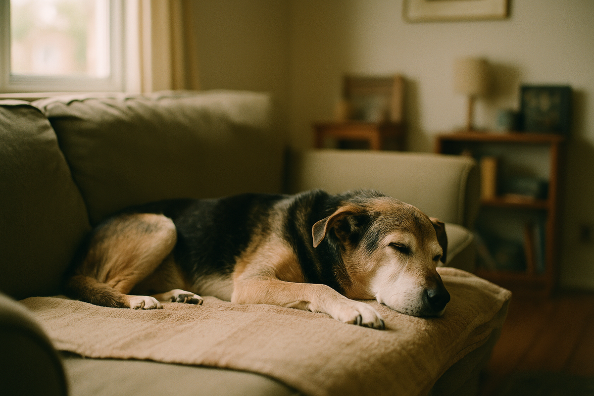 A calm senior dog resting on a cozy blanket in soft warm natural light in a comfortable home, a peaceful senior dog wellness scene