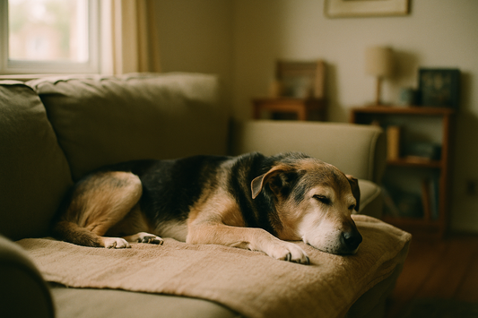 A calm senior dog resting on a cozy blanket in soft warm natural light in a comfortable home, a peaceful senior dog wellness scene
