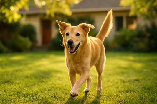 A happy healthy older dog trotting energetically across a sunlit green backyard, tail up