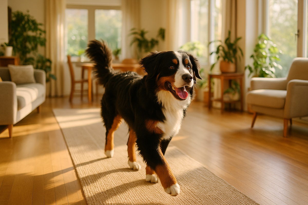 Bernese Mountain Dog trotting confidently across a sunlit living room along a textured runner rug over wood flooring