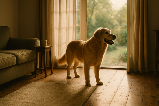 Older golden retriever standing alert in a sunlit home doorway looking out to the garden