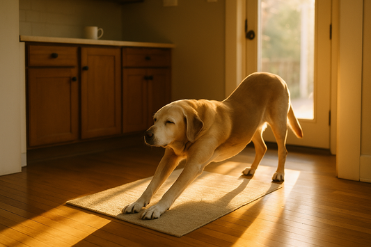 Older dog stretching in the warm morning light of a sunlit kitchen doorway