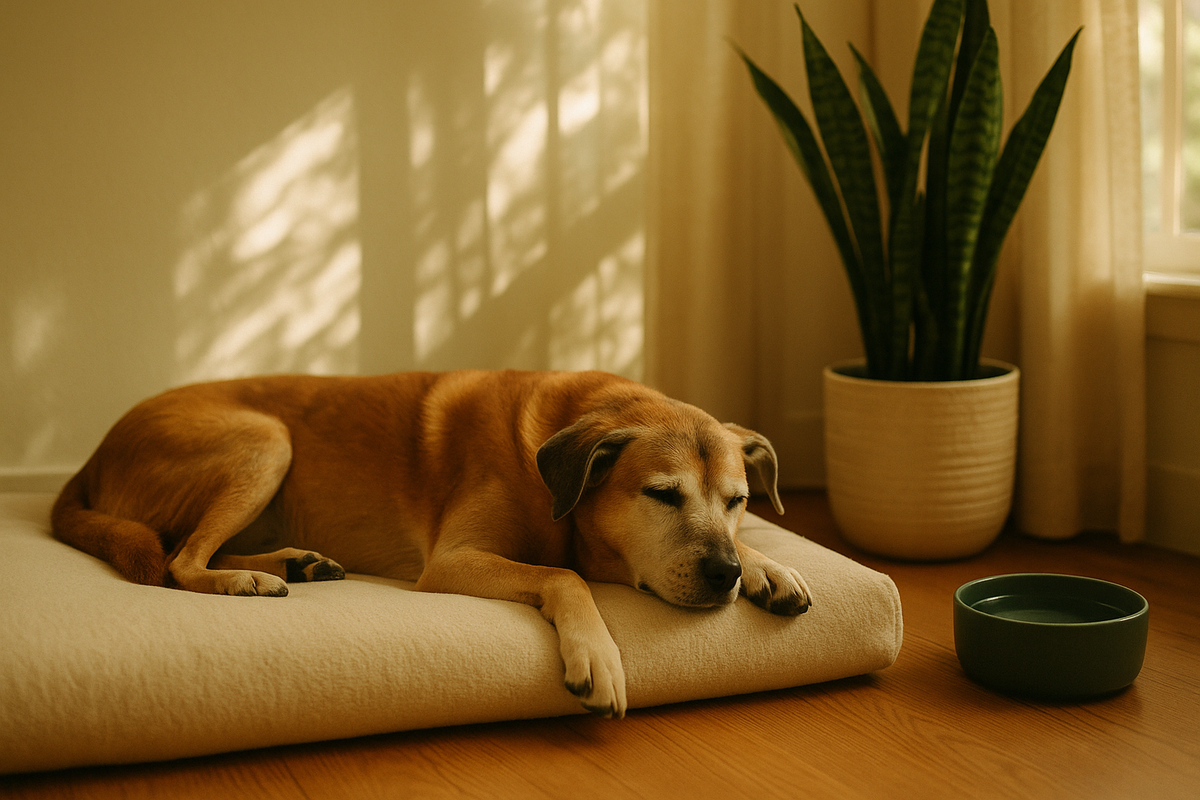 A senior dog resting comfortably on a supportive bed in cool shade beside a bowl of water on a summer day