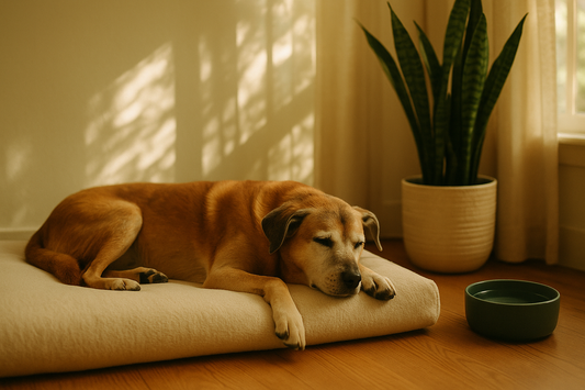 A senior dog resting comfortably on a supportive bed in cool shade beside a bowl of water on a summer day
