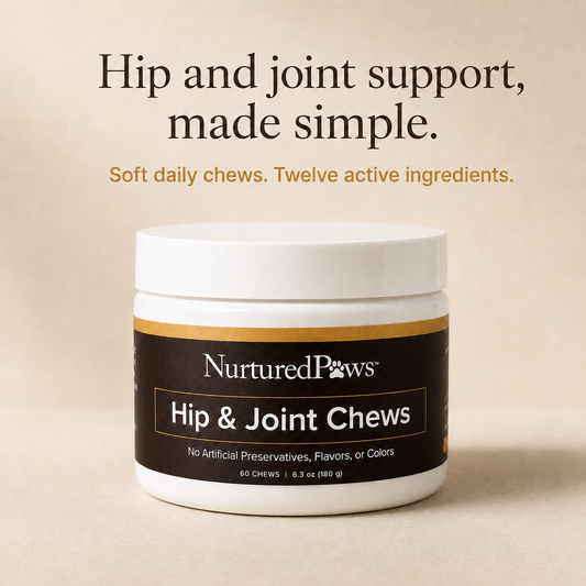 White tub of Nurtured Paws Hip and Joint Chews with a brown and gold label, centered on a light beige background with text above it.