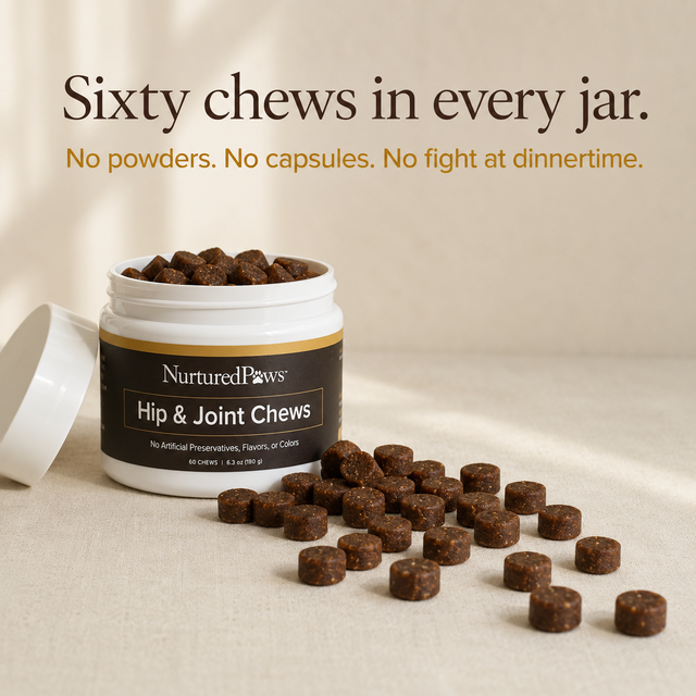 Open tub of Nurtured Paws chews tipped on its side with brown chews spilling out onto a beige surface.