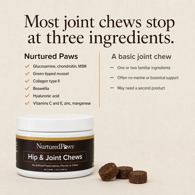 Light-background graphic with two labeled columns of text beside a small tub of the chews and a few loose chews.