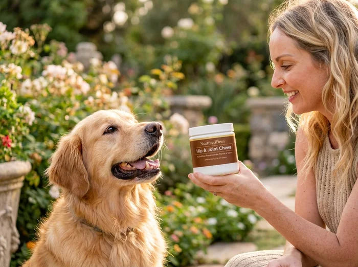Woman and dog with Nurtured Paws Hip & Joint Chews